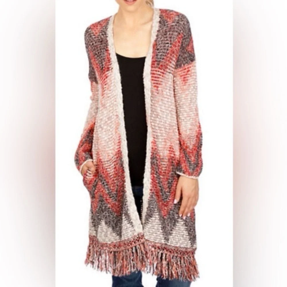 Lucky Brand Chevron Fringe Duster Cardigan sweater medium southwestern print - Picture 3 of 14